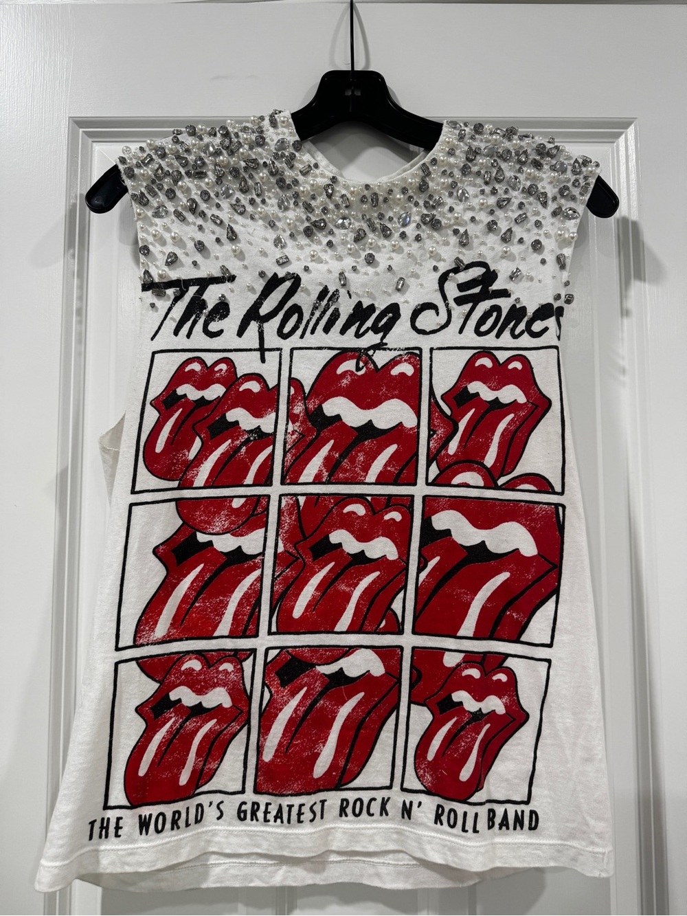 the Rolling Stones White Tank with Red Tongue Grid and Jeweled Neck